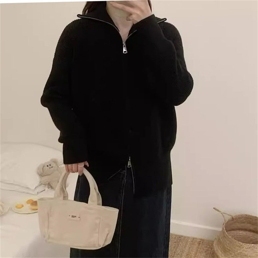 Hong Kong Style Design Double Zipper Knitted Cardigan Fashion Casual Jacket