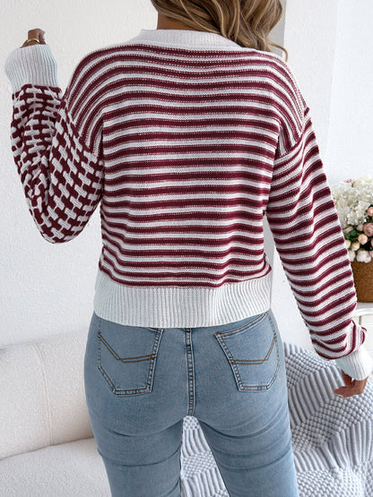 Women Color Block Stripe Lantern Sleeve Short Cardigan Sweater