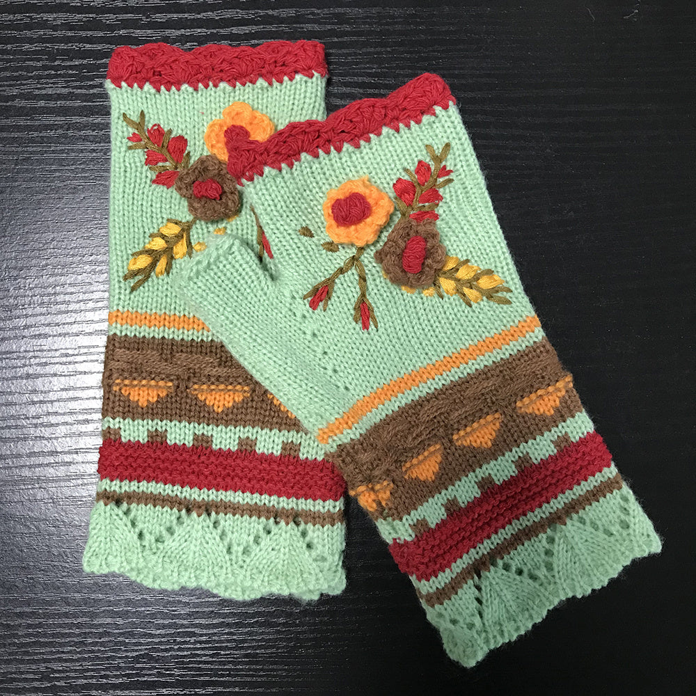 Handmade Crochet Fingerless Gloves - Vintage Embroidered Arm Warmers for Women