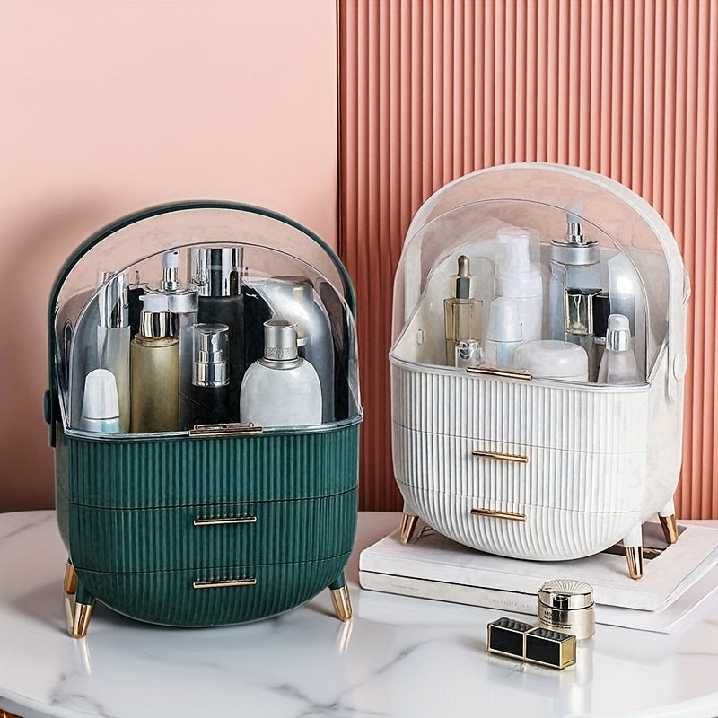 1pc Plastic Cosmetic Storage Box, Lightweight, Tension Mount, Multi-functional with Cover & Drawer, Waterproof & Dust-proof, for Bathroom & Desktop Makeup Organizer