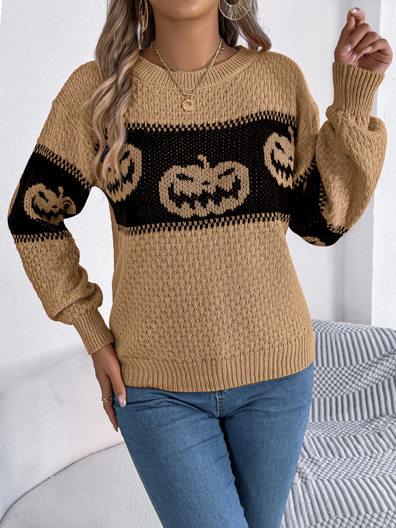 Women Pumpkin Head Color Block Long Sleeve Pullover Sweater