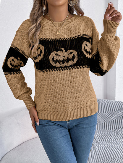 Women Pumpkin Head Color Block Long Sleeve Pullover Sweater