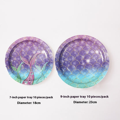Mermaid Tail Theme Happy Birthday Paper Pallet Disposable Party Round Paper Pallet Suit Disposable Paper Cup