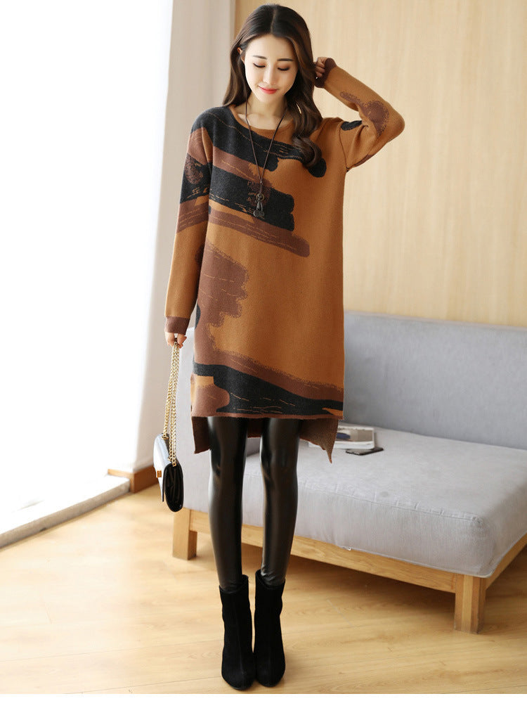 Mid-length base skirt women round neck long sleeve dress