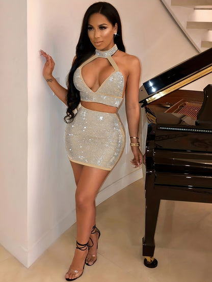 [Sexy Rhinestone Mini Dress] Sexy Rhinestone-Embellished Women's Two-Piece Mini Dress | Deep V-Neck, Stretchy High-Waisted Clubwear with Adjustable Spaghetti Straps, Glittery Sequin Detailing for Nightclub & Party Outfits, Su