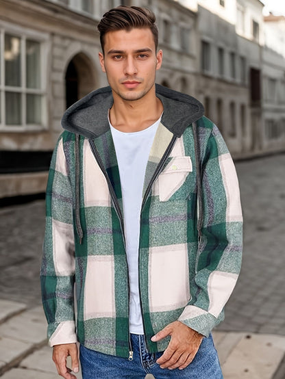 Men's Flannel Jacket Zipper Hooded Jacket