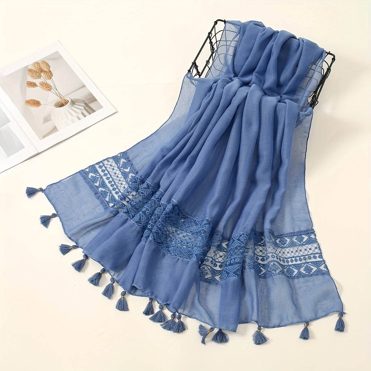 Embroidery Hollow Lace Tassel Scarf Fashion Elegant Casual Cold Weather Scarves Wraps For Women for eid