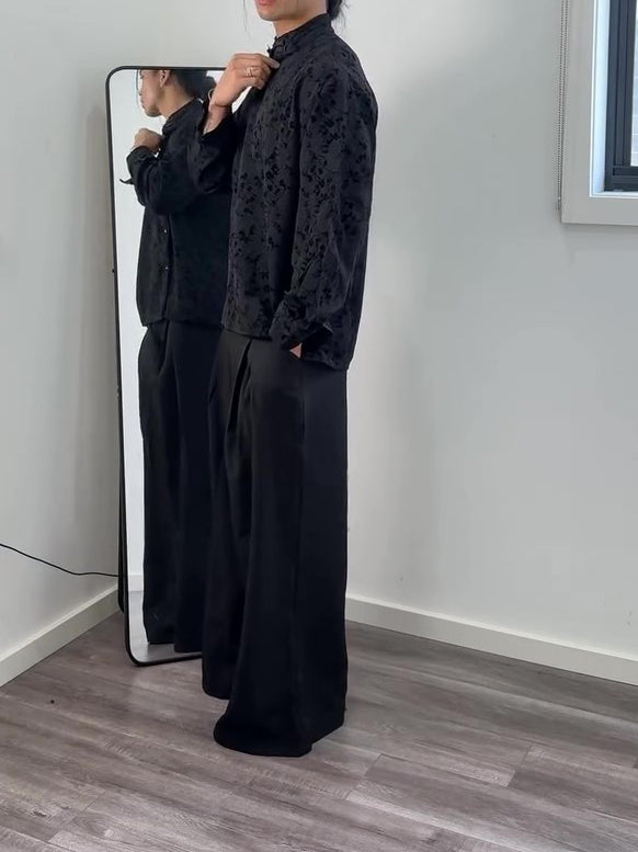 Black Jacquard Mandarin Collar Top With Asymmetric Button Placket