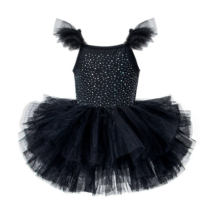 Children's Hot-fix Rhinestone Embroidered Flared-sleeve Ballet Skirt