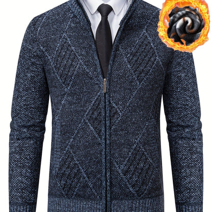 Mens Diamond Plaid Cardigan - Stylish Casual with Refined Stand Collar - Luxuriously Plush & Cozy Warm Knit Zip Up - Eye-Catching Design
