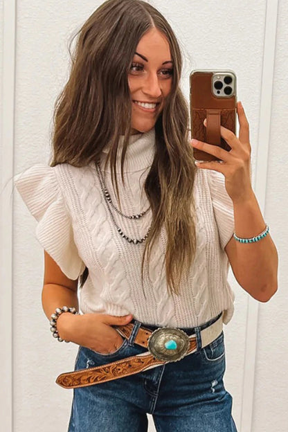 Womens Knitted Turtleneck Ruffle-Trimmed Short-Sleeve Sweater