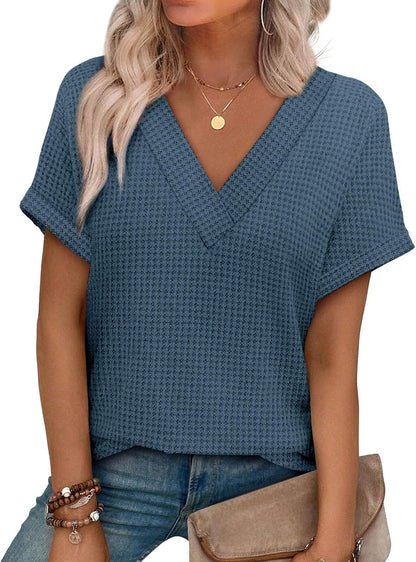 Casual Striped Textured Short-Sleeve Arrival V-Neck Knitted T-Shirt