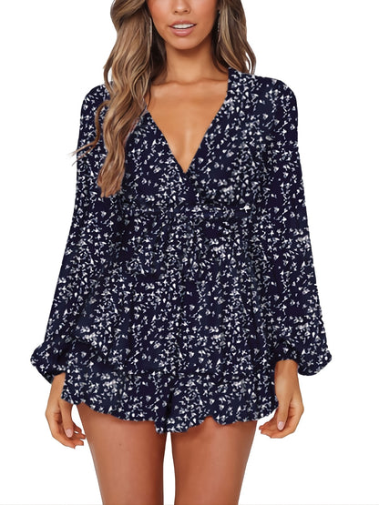Ladies Polka-dot V-neck Jumpsuits, Long Sleeve Ruffle Hem Romper Playsuit, Casual Every Day Romper, Women's Clothing