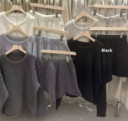 Loose-fitting Long Sleeve Sweater Knitted Wide Leg Shorts Two-piece Set