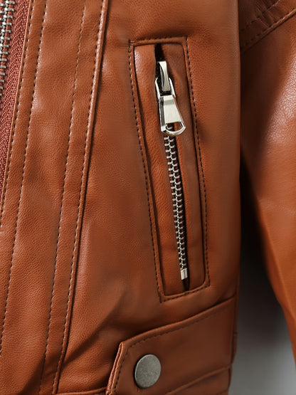 Children's Lapel PU Leather Jacket Zipper Coat Top For Girls And Boys Kids Clothes