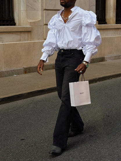 White Retro Puff-Sleeve Oversized Shirt