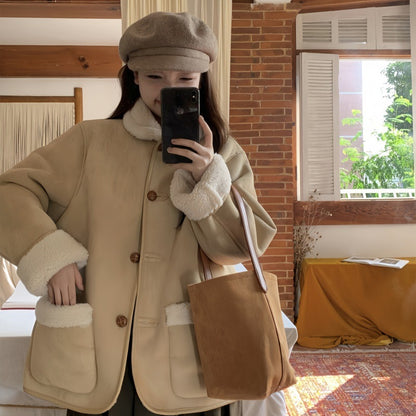 Suede-effect Wool Coat With Dropped Shoulders For Women