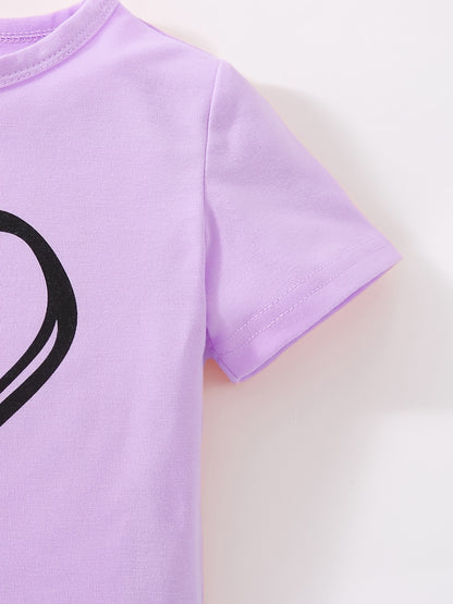 Girls' Fashion Set: Heart Print Round Neck Short Sleeve T-Shirt & Sweatpants 2pcs Casual Cotton Outfit, Perfect for Outdoor