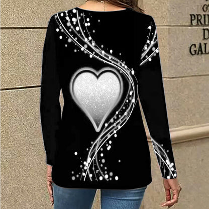 Women's Casual Long Sleeve Top With A Heart Patterned V Neck