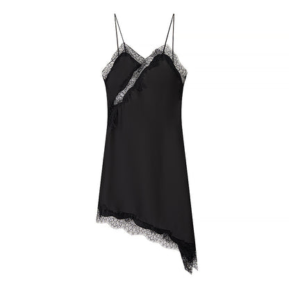 Silk Texture Sexy Lace Asymmetric Sling Dress