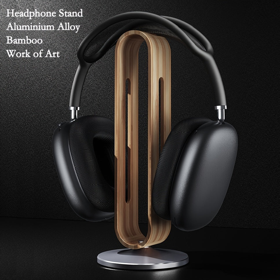 Wooden Headphone Stand with Metal Base, Desktop Headphone Holder, Bamboo Decorative Organizer, Natural Wood Display Rack