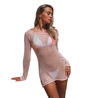 Hollow-out Beach Long-sleeved Short Dress Babe