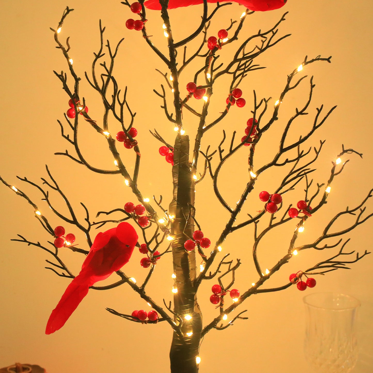 Red Cardinal Bird LED Tree Lamp - Decorative Holiday Night Light with Warm Glow