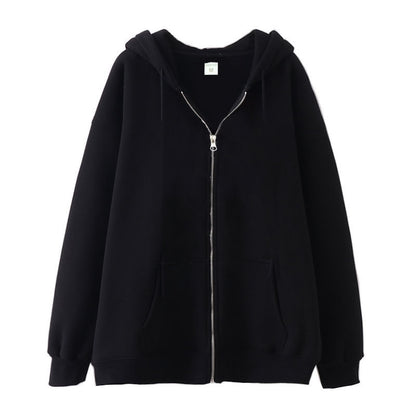 Full-zip Hoodie With Fleece-lined Solid-color Sweatshirt