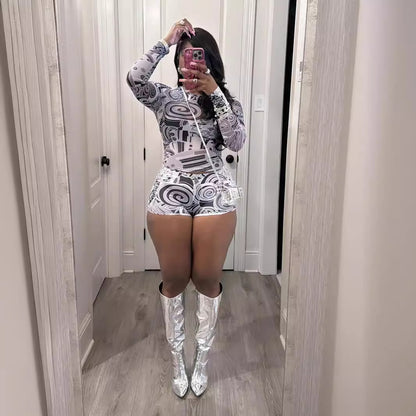 Tight-fitting Printed Crew-neck Stretchy Casual Long-sleeve Shorts Set