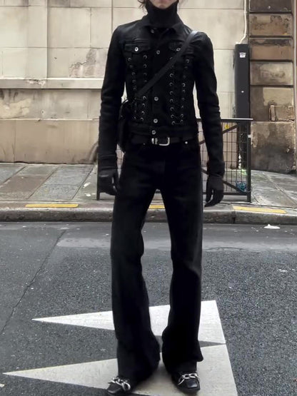 Black Lace-Up Deconstructed Denim Jacket