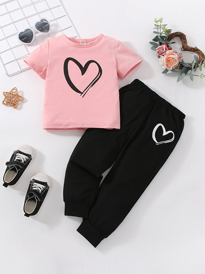 Girls' Fashion Set: Heart Print Round Neck Short Sleeve T-Shirt & Sweatpants 2pcs Casual Cotton Outfit, Perfect for Outdoor