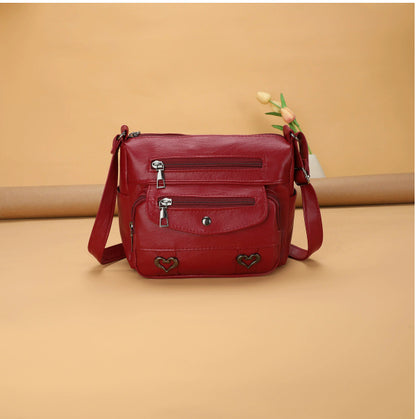 Crossbody Bag Soft Leather Textured Retro Large Capacity Middle-aged