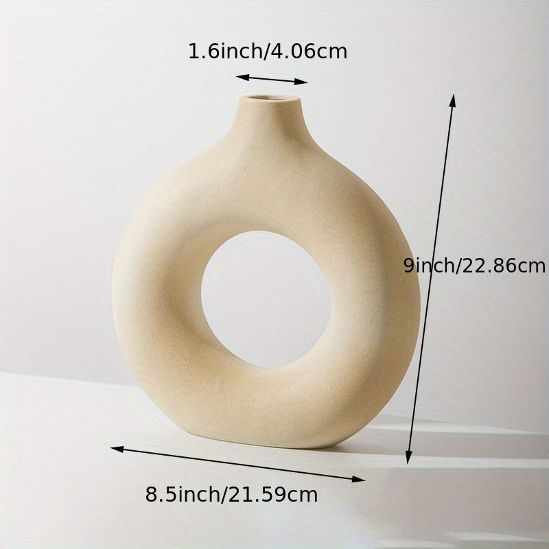 1pc Contemporary Ceramic Vase, Round Circle Design, Creative Ceramic Craft, Living Room Decor, Cross-Border Bestseller, 5.12*5.51inch Decorative Flower Vase