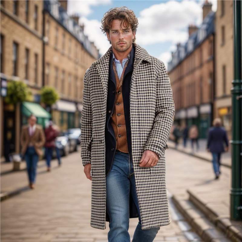 Herren-Wollmantel, mittellang, gesteppt, Hahnentrittmuster