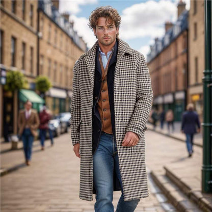 Herren-Wollmantel, mittellang, gesteppt, Hahnentrittmuster