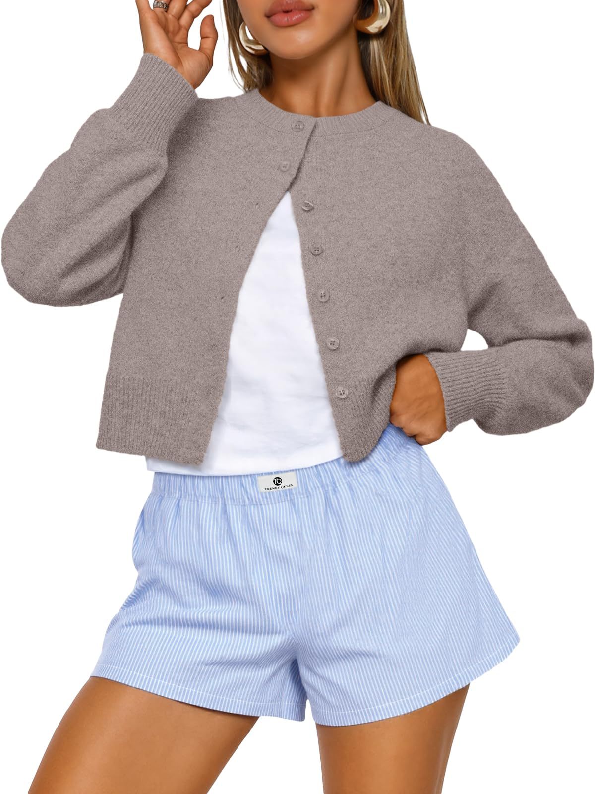 Buttoned Long-sleeve Crew-neck Solid-color Cropped Knit Sweater