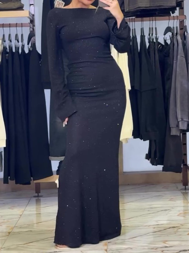 Bell Sleeve Open Back Glitter Dress