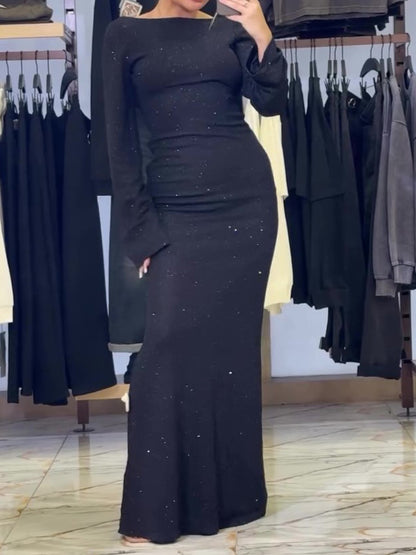 Bell Sleeve Open Back Glitter Dress