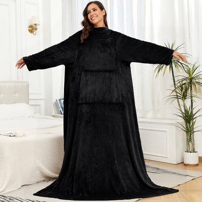 RONGTAI Fleece Wearable Blanket With Sleeve And Pocket For Adults, Cozy Warm Full Body Wrap Throws Blanket Robe, Navy, Oversized