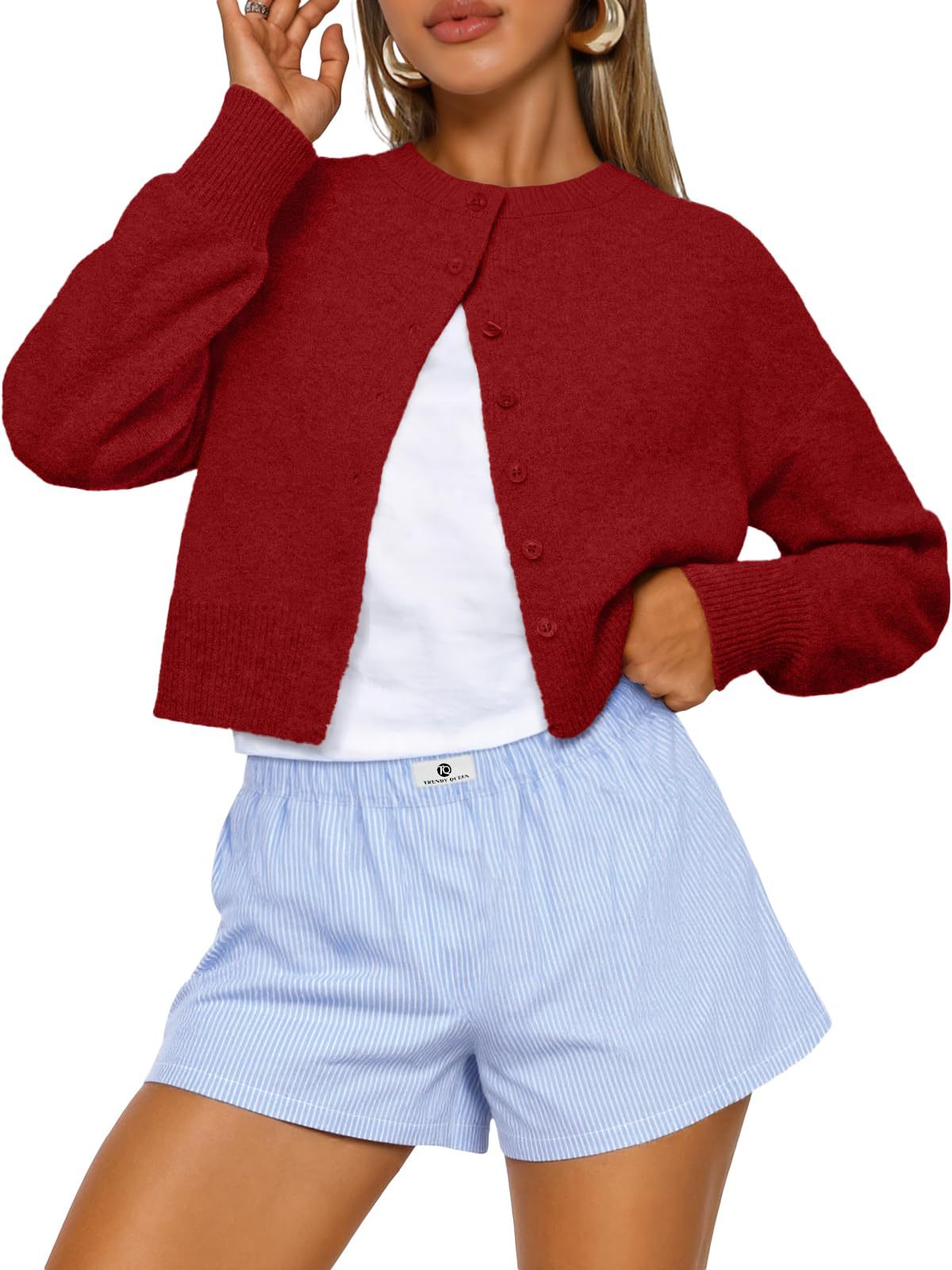 Buttoned Long-sleeve Crew-neck Solid-color Cropped Knit Sweater