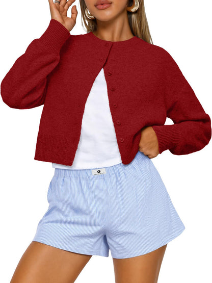 Buttoned Long-sleeve Crew-neck Solid-color Cropped Knit Sweater