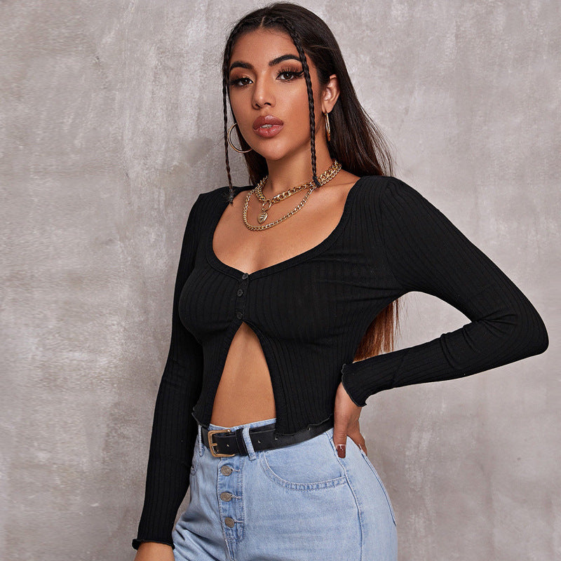 Short Sleeve Cropped Cardigan Top Sexy Button Knitted T Shirt