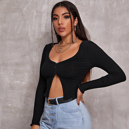Short Sleeve Cropped Cardigan Top Sexy Button Knitted T Shirt