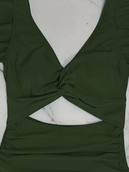 V Neck Ruched One Piece Swimsuit with Flattering Ruffle Accent - Stylish Cut Out Back Buckle Detail & High Cut Leg - Premium Womens Swimwear Bathing Suit