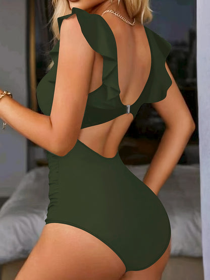 V Neck Ruched One Piece Swimsuit with Flattering Ruffle Accent - Stylish Cut Out Back Buckle Detail & High Cut Leg - Premium Womens Swimwear Bathing Suit