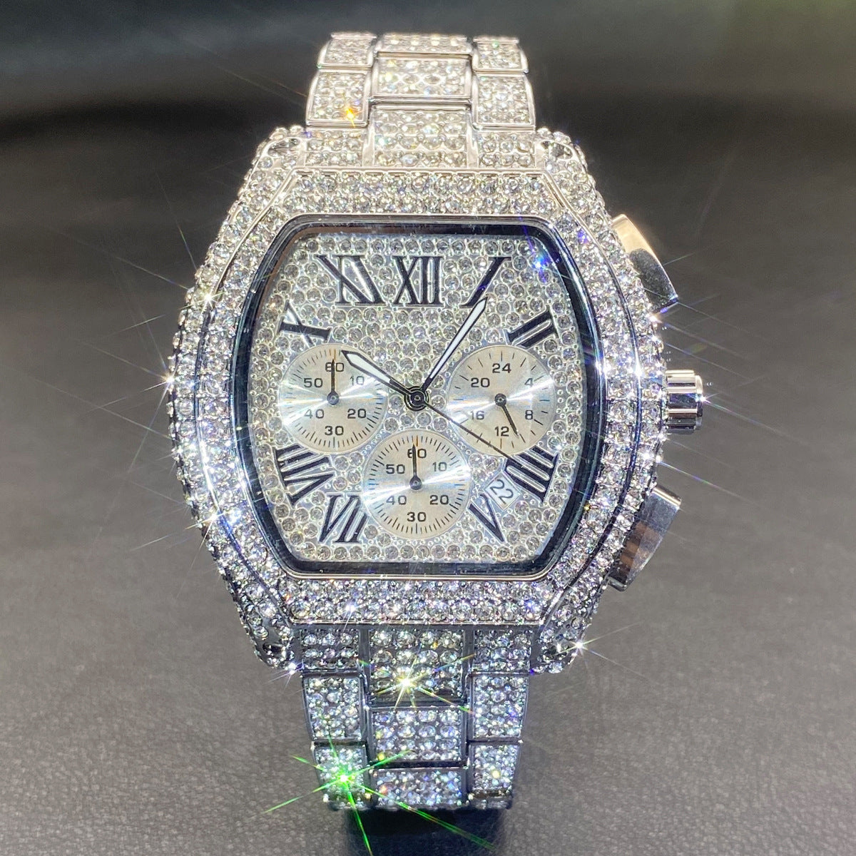 Hip Hop Men's Full Diamond Multi-function Chronograph Luminous Tonneau Quartz Watch