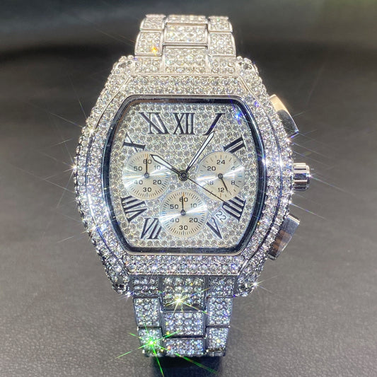 Hip Hop Men's Full Diamond Multi-function Chronograph Luminous Tonneau Quartz Watch