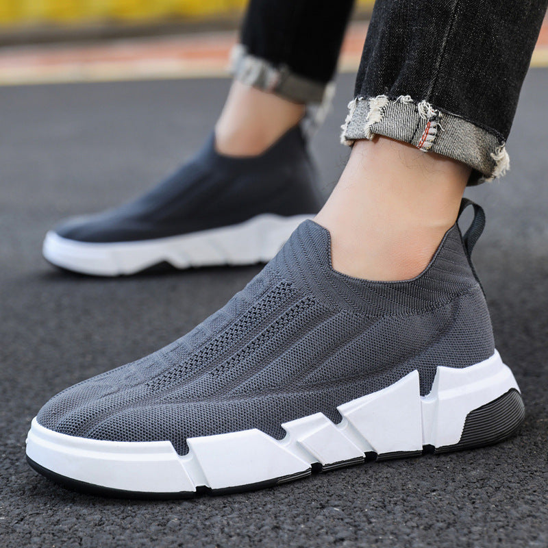 Spring Men's Casual Sports Shoes With Flyknit Mesh Upper And Sock Cuffs - Slip-on