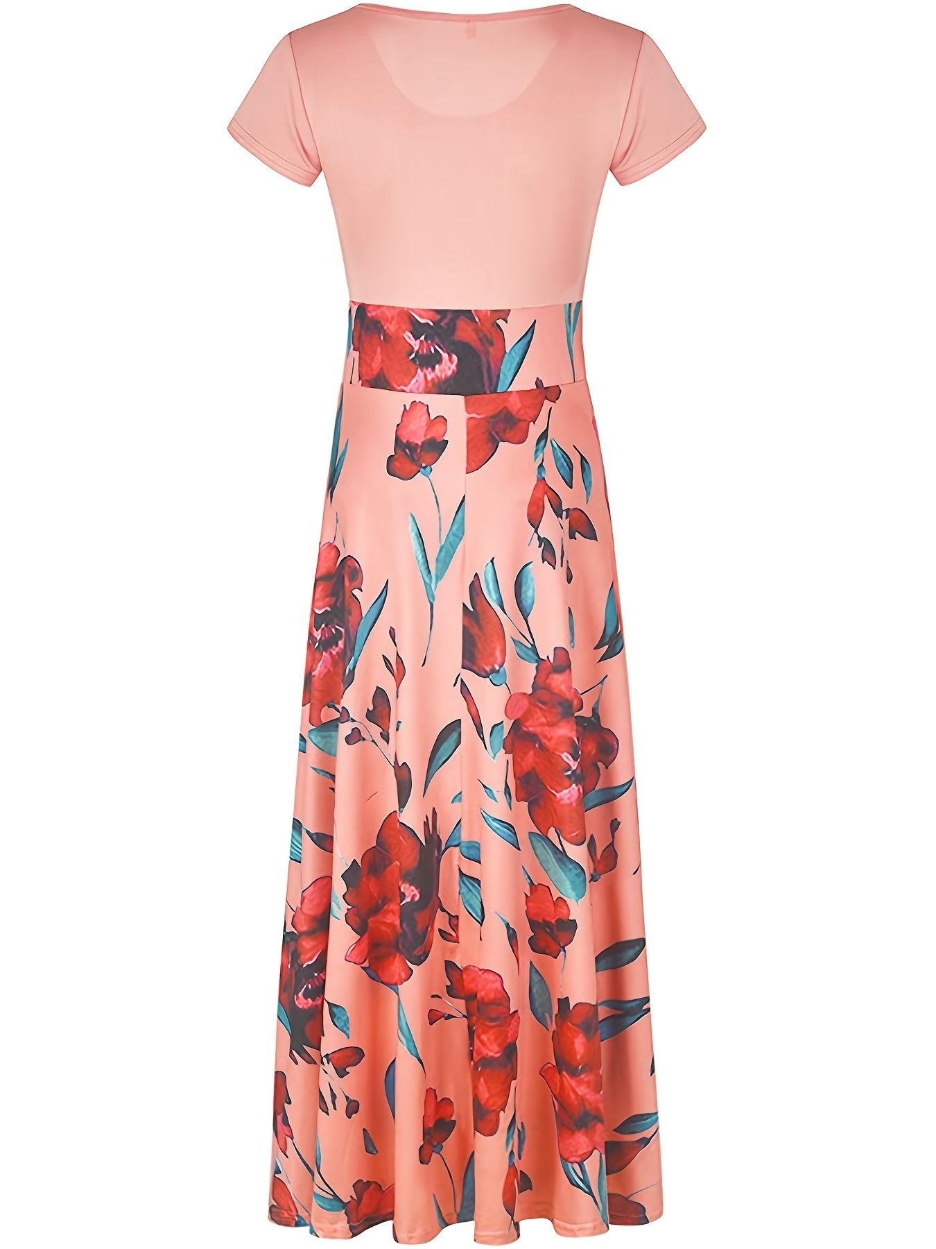 Elegant Floral Maxi Dress - Printed Crew Neck Short Sleeve Pleated Dress for Women | Premium Polyester Summer Dress