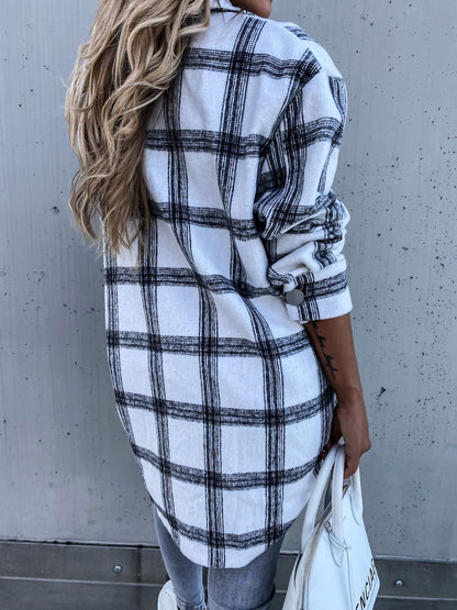 Long Sleeve Plaid Shirt Mid-length Coat